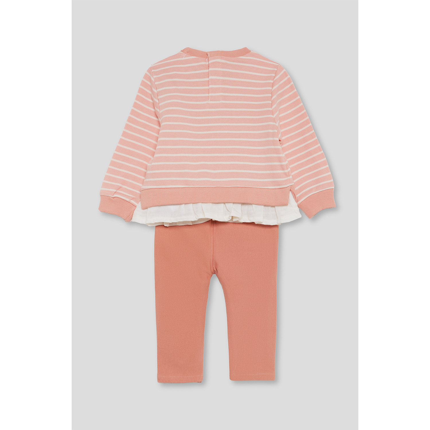 Conjunto niña sudadera de rayas y leggings, detalle de frutas y bajo con volante, cintura elástica | Color: Melocotón | Street Monkey