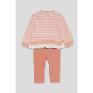 Conjunto niña sudadera de rayas y leggings, detalle de frutas y bajo con volante, cintura elástica | Color: Melocotón | Street Monkey
