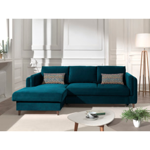 Brooke - canapé d'angle gauche - convertible avec coffre - 4 places - en velours - Bleu canard