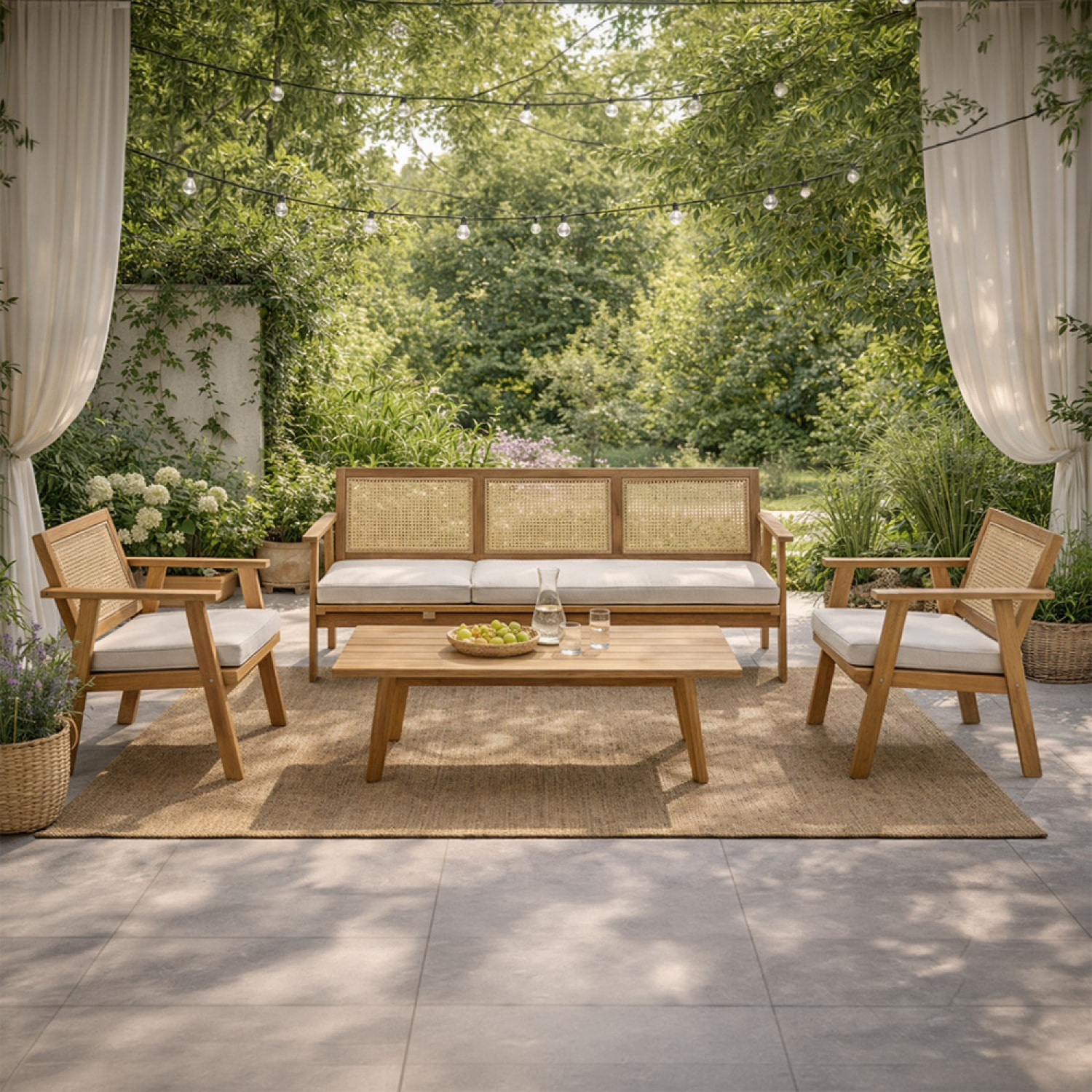 Salon de jardin 5 places en bois d’acacia et cannage HOA