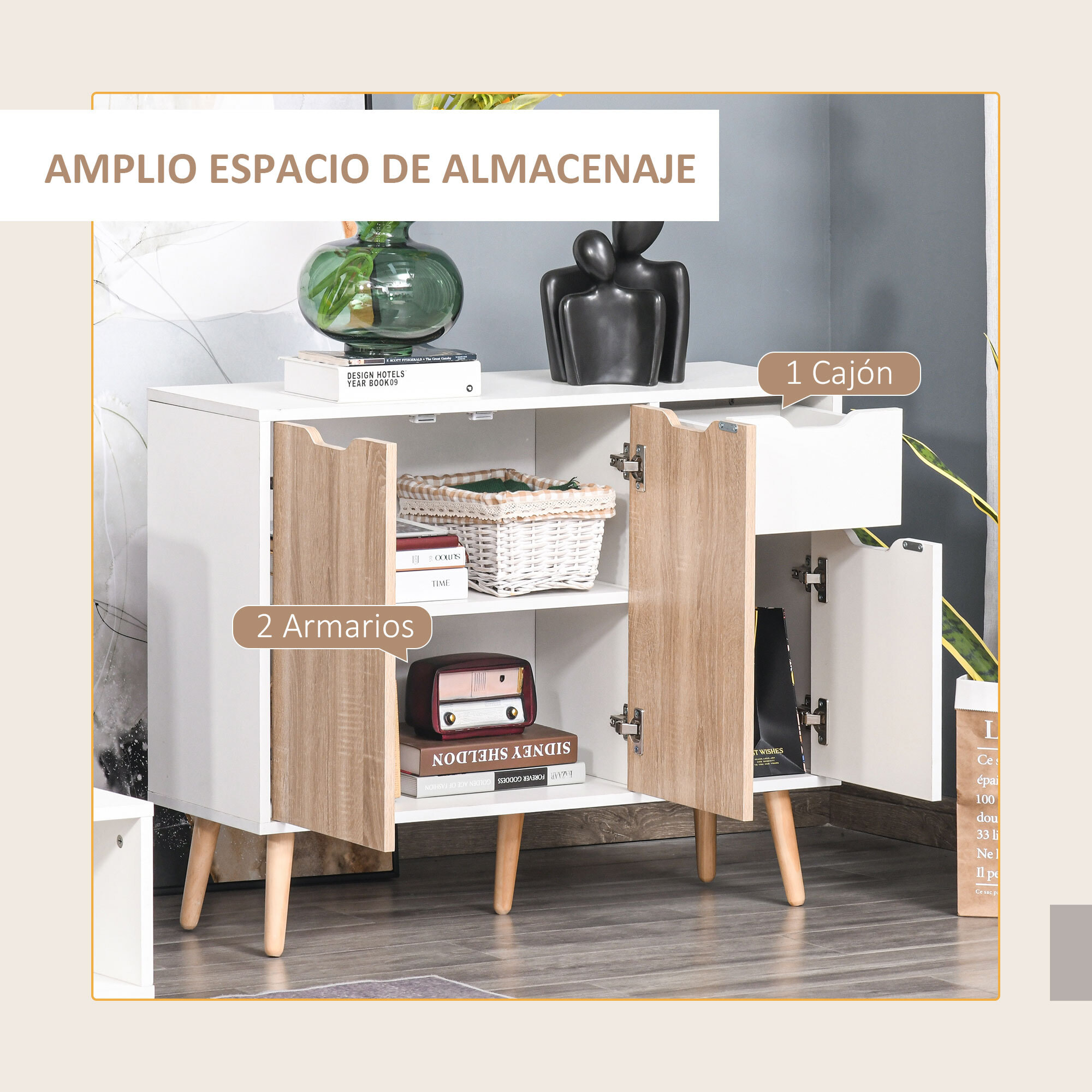 Conjunto para el Hogar Incluye 1 Mueble de TV para Televisiones hasta 50 Pulgadas 1 Aparador Auxiliar y 1 Estantería en Forma de Escalera Blanco y Natural
