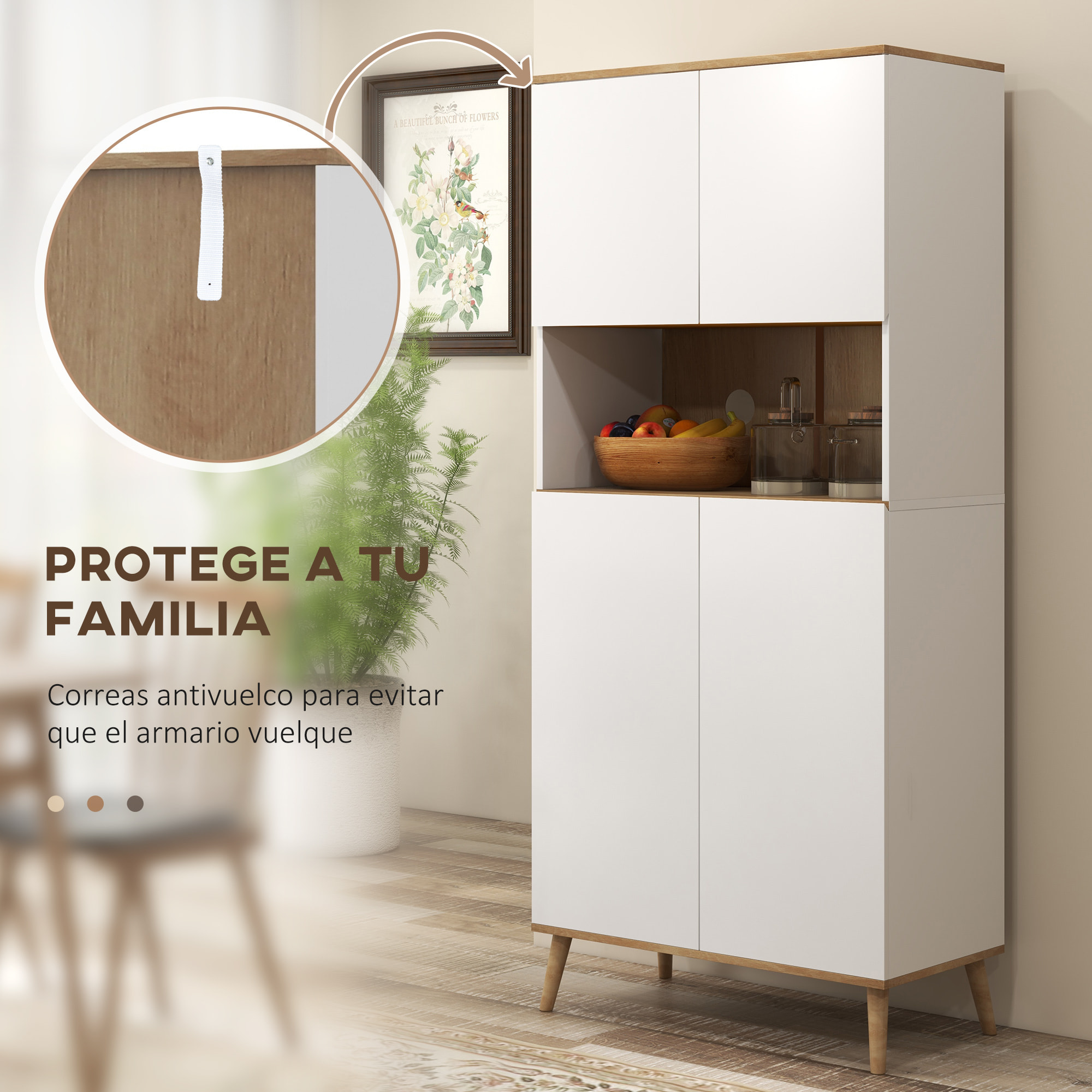 Alacena de Cocina Mueble Auxiliar de Cocina con 4 Puertas Encimera para Microondas Estantes Ajustables Orificio de Cable y Patas de Madera Estilo Moderno Blanco 80x40x178 cm