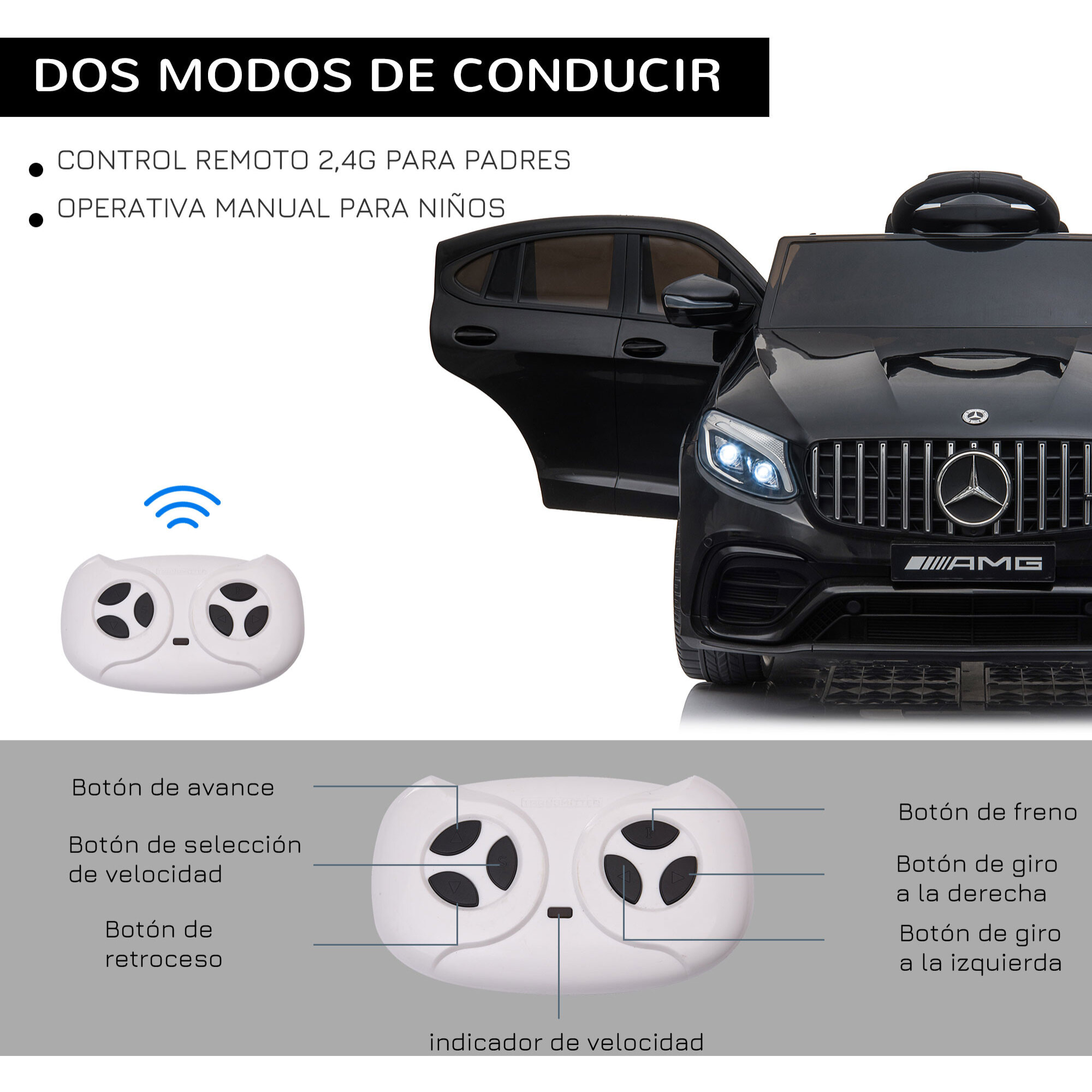 Coche Eléctrico con Mando a Distancia Música y Luces Negro