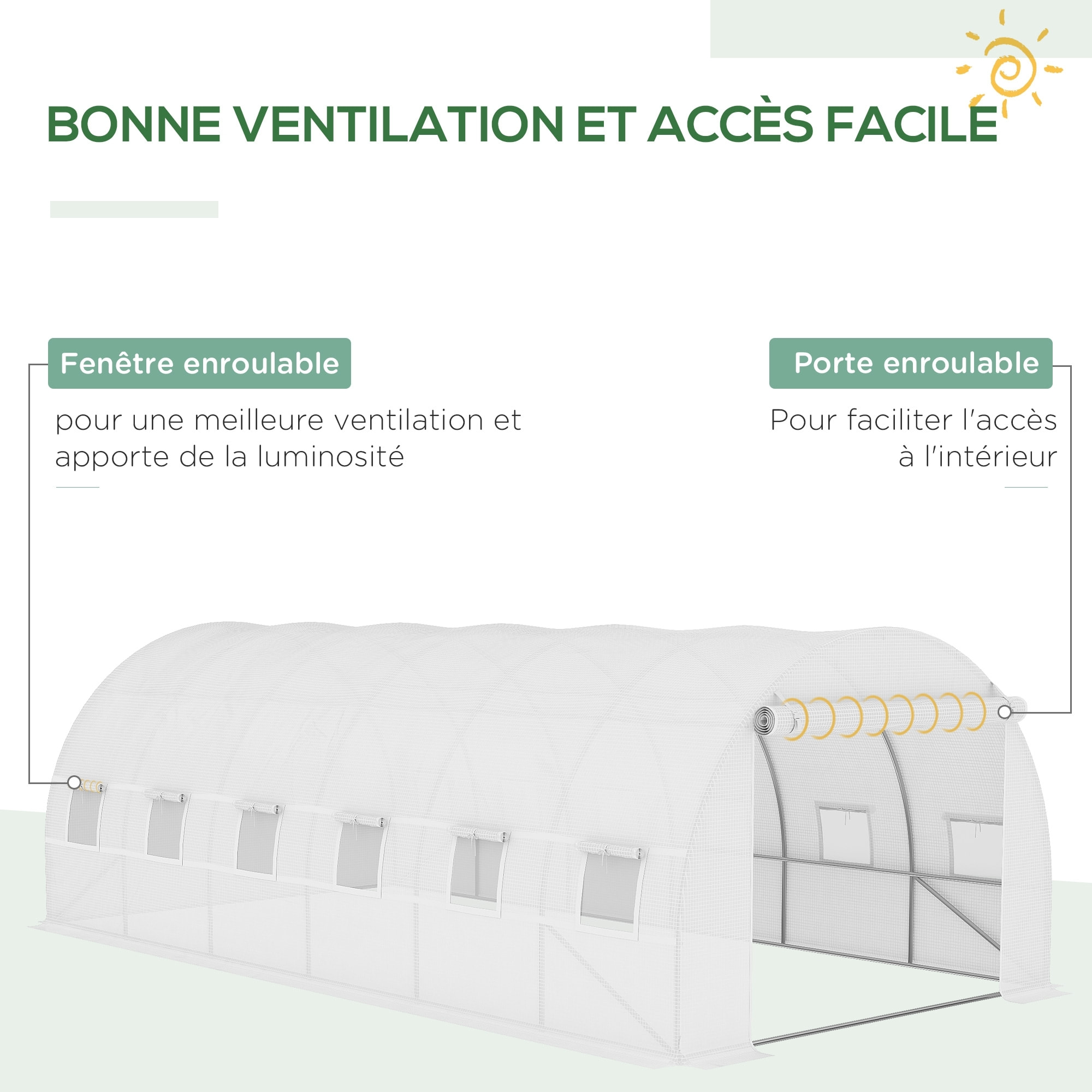Bâche de rechange serre tunnel 18 m², bâche dim. 6L x 3l x 2H m PE anti-UV imperméable 12 fenêtres + porte enroulable zippée blanc