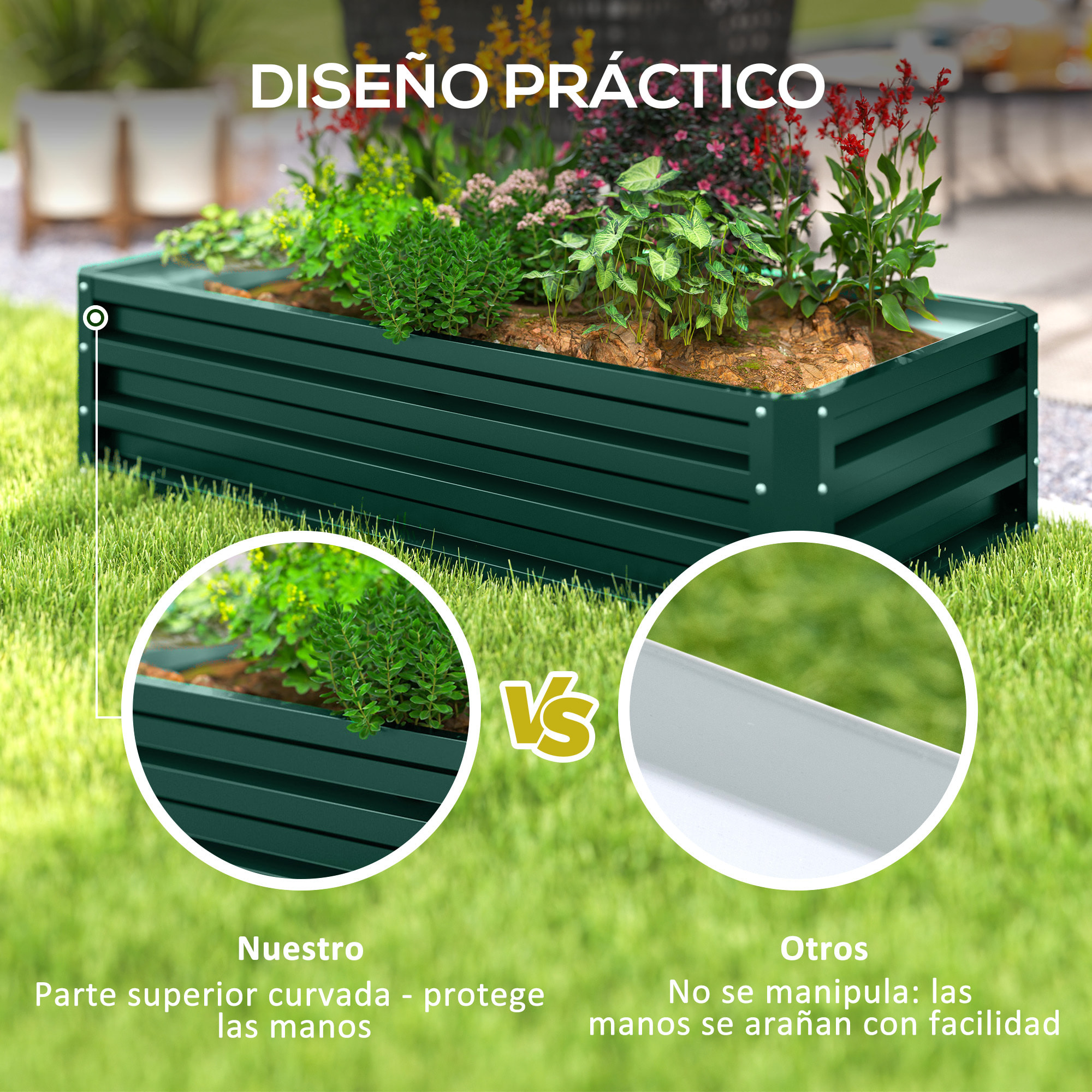 Jardinera Elevada de Acero Galvanizado Huerto Urbano para Cultivar Plantas Flores Hierba Macetero Exterior Rectangular con Fondo Abierto 120x60x30,5 cm Verde