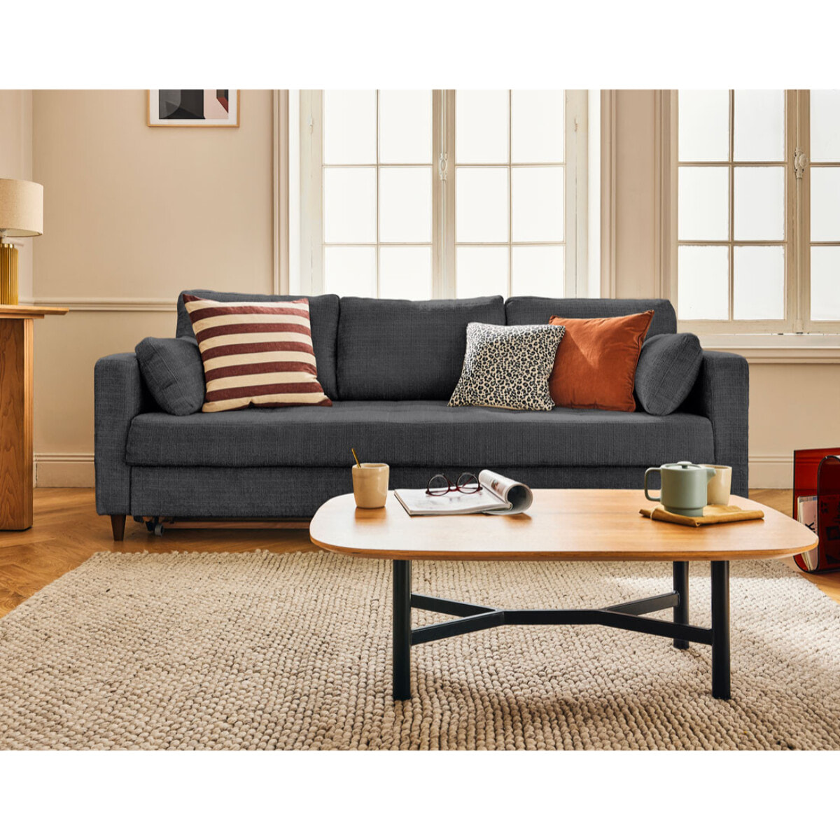 Anna - canapé droit 3 places convertible avec poche en velours texturé - Gris Anthracite