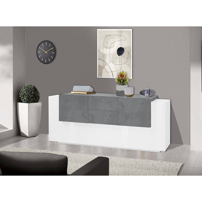 Credenza moderna a 5 ante e 2 cassetti, Made in Italy, Madia da cucina, Buffet di design da soggiorno, cm 220x45h86, colore Bianco lucido e Grigio Ardesia