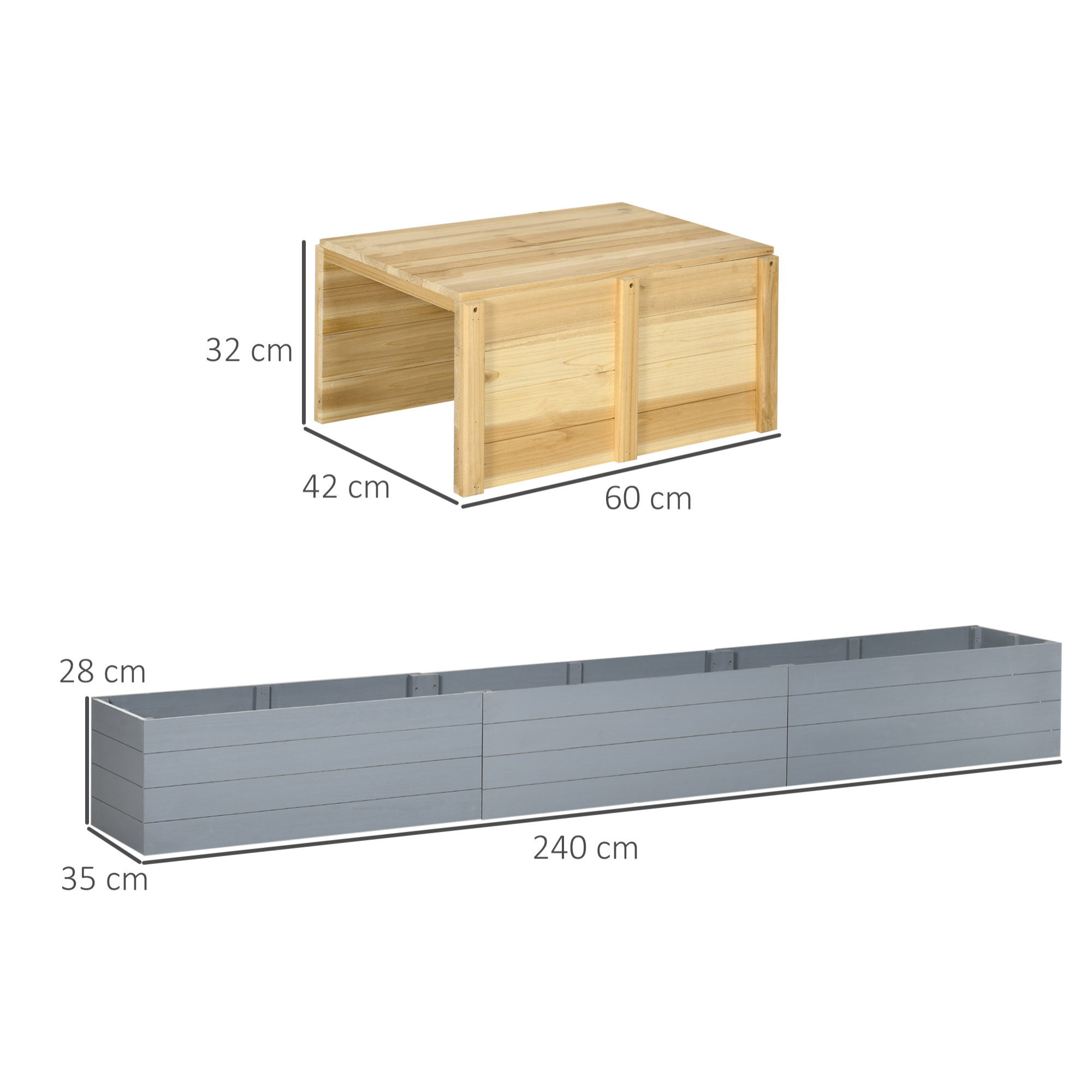 Banc de jardin jardinière 2 en 1 - banc amovible - dim. 240L x 42l x 32H cm - bois sapin pré-huilé gris