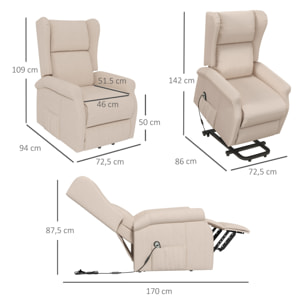 Fauteuil de relaxation électrique fauteuil releveur inclinable avec repose-pied ajustable lin beige