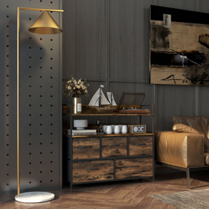 Commode 7 tiroirs non tissés pliables - structure acier noir - plateau MDF - aspect bois vieilli