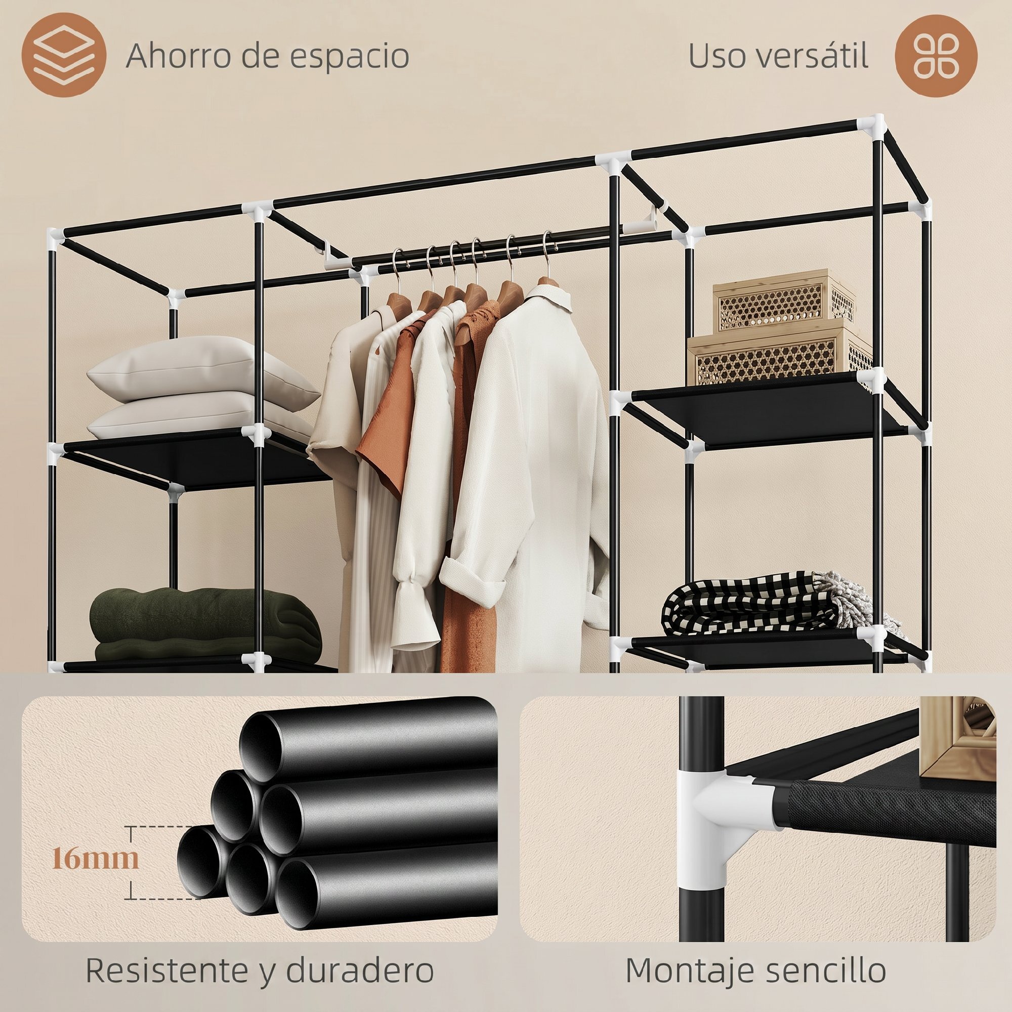 HOMCOM Armario de Tela, Armario Ropero con Barra para Colgar, 10 Estantes Abiertos, Cremallera, Cubierta y Marco Acero, Fácil Montaje para Dormitorio, Espacio Pequeño, Vestidor, 150x43x162,5 cm, Negro