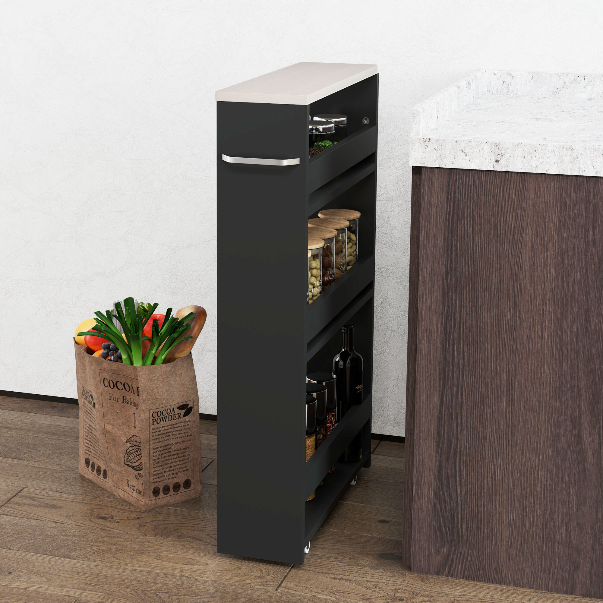 Carrito Auxiliar con Ruedas de 3 Niveles, Carrito de Cocina Estrecho con 3 Estantes, Tablero y Asa, para Comedor, Salón, Baño, 48x15x80 cm, Negro