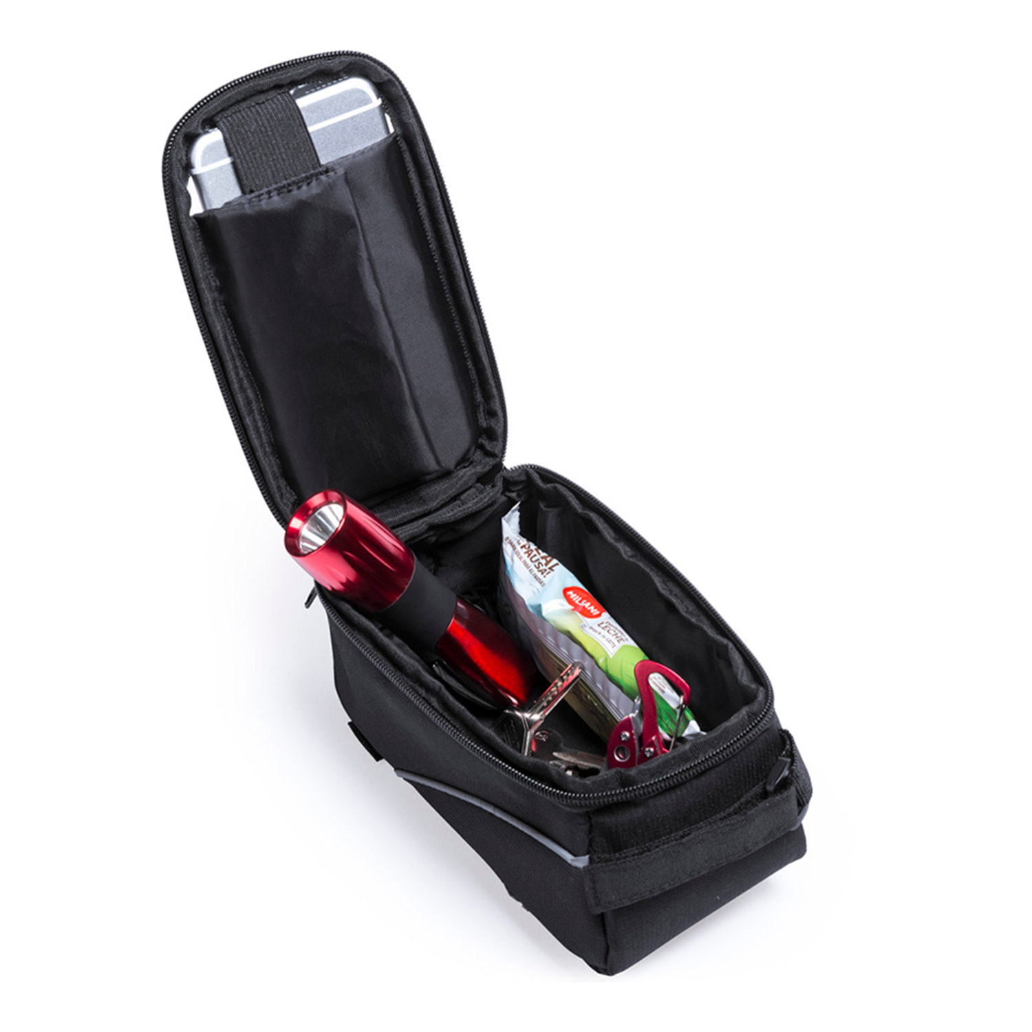 Borsa da bicicletta Rigon con frontale touch trasparente, per smartphone fino a 6,3 pollici. Uscita per cuffie e chiusura con cerniera. Attacco alla barra o al manubrio.