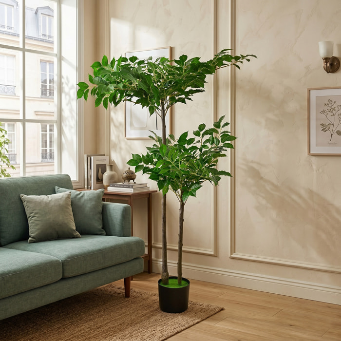 Ficus artificial de 120cm con 2 copas y maceta - Planta artificial decorativa grande realista para interiores