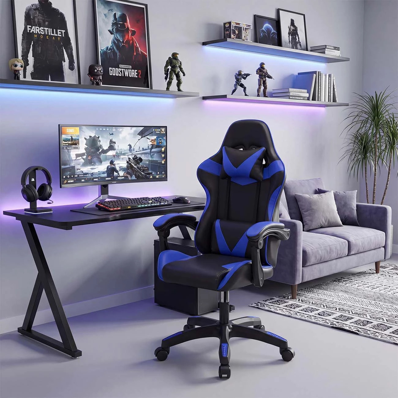 Silla gaming reclinable y con altura ajustable en negro y azul 117-128 cm Viper Negro - Azul