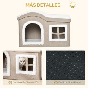 Casa Plegable para Gatos Interior Cueva para Gatos Grande con Tapa Extraíble Cojines 2 Entradas y Ventana Taburete para Gatos 63,5x37x40 cm Beige