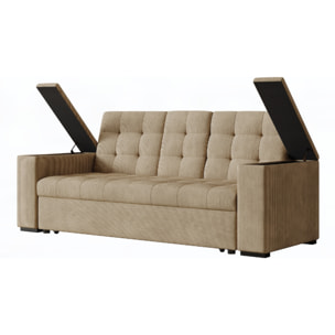 Canapé 3 places convertible avec tablette centrale et accoudoirs amovibles beige velours côtelé TILIA