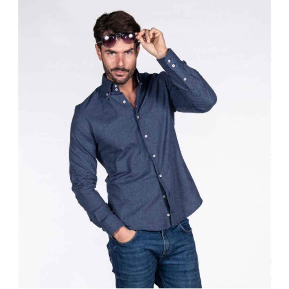Camicia Uomo 2 Bottoni Button Down Slim Flanella Unito Blu