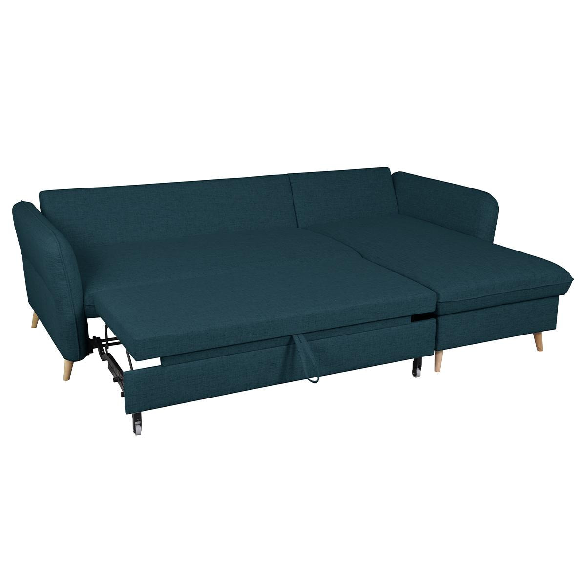 Canapé d'angle convertible réversible avec coffre 3-4 places en tissu bleu océan et bois clair DRISS