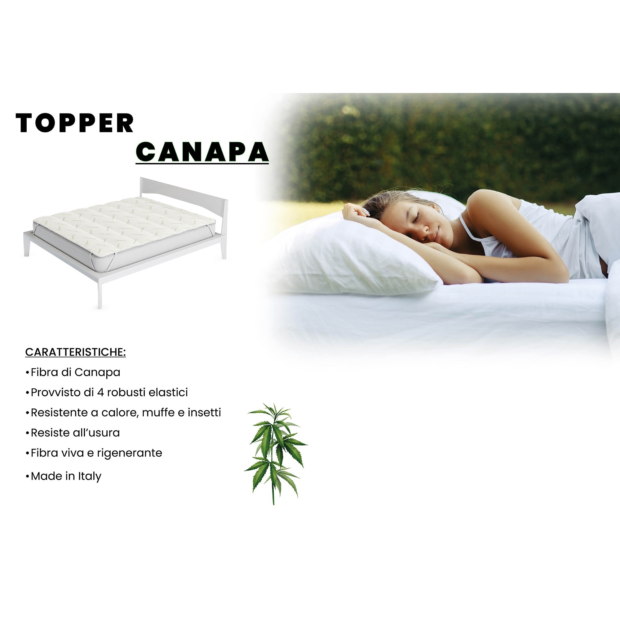 TOPPER TRAPUNTATO CANAPA CON ELASTICI - Made in Italy