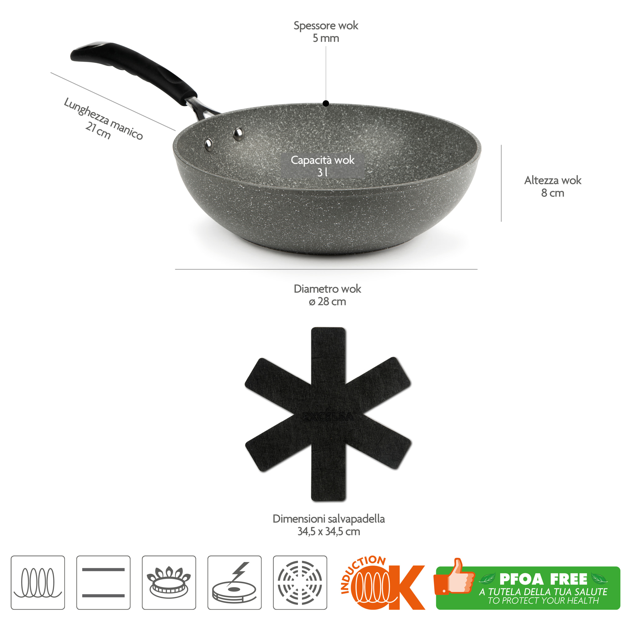 Wok 28 cm Excelsa – Forn-Ok, Alluminio Grigio
