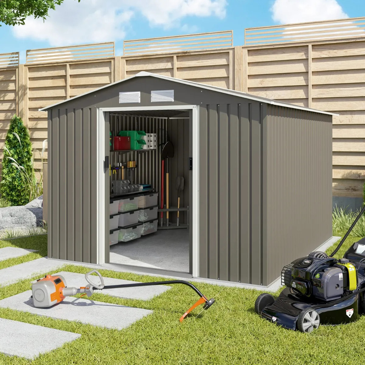 Abri de jardin métal gris/vert 7,30 m² + kit d'ancrage