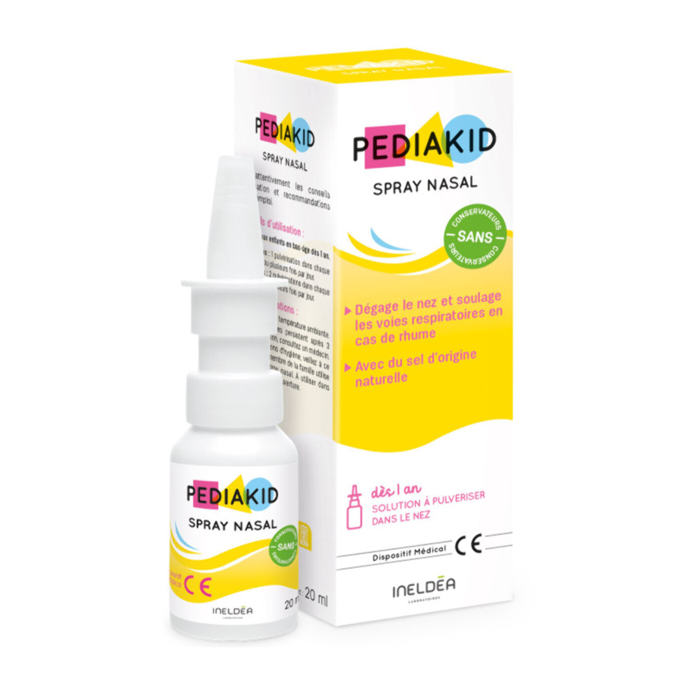 PEDIAKID - Spray Nasal - Solution saline naturelle - Décongestionne, Nettoie et Humidifie le Nez - Dès 1 an - Sans gaz propulseur - 20ml - Lot de 2