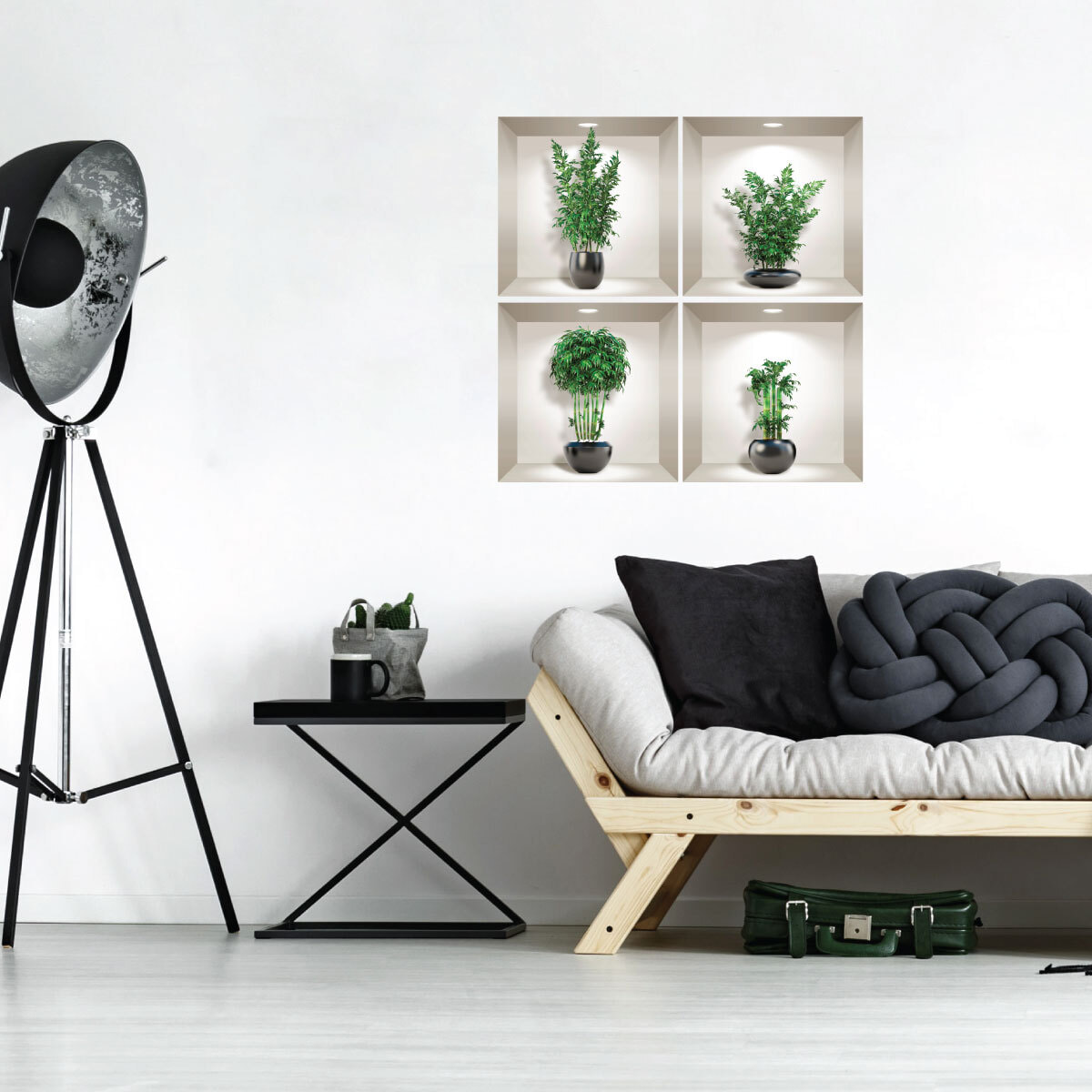 Stickers muraux 3D | Sticker Mural Autocollant effet 3D bambous dans les vases noir - Stickers adhésifs 3D Chambre Salon Trompe l'oeil