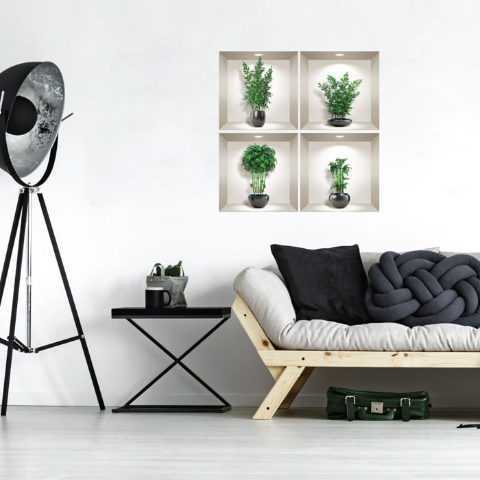Stickers muraux 3D | Sticker Mural Autocollant effet 3D bambous dans les vases noir - Stickers adhésifs 3D Chambre Salon Trompe l'oeil