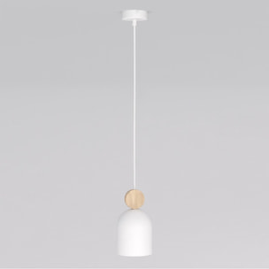 Lampada a sospensione Mesi in acciaio bianco opaco e legno