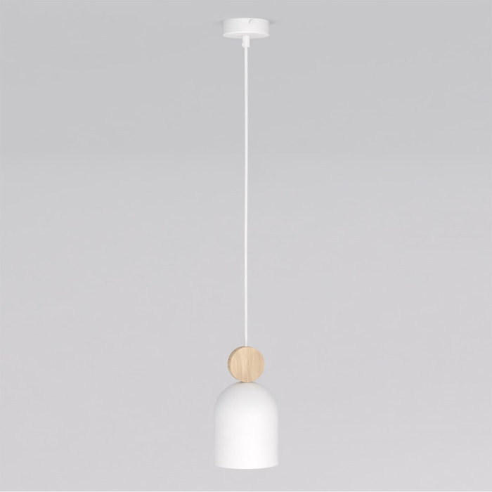 Lampada a sospensione Mesi in acciaio bianco opaco e legno
