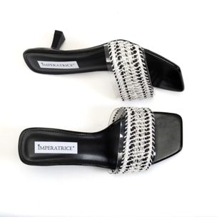 Sandali con tacco basso a rocchetto e fascia con ricamo e pietre