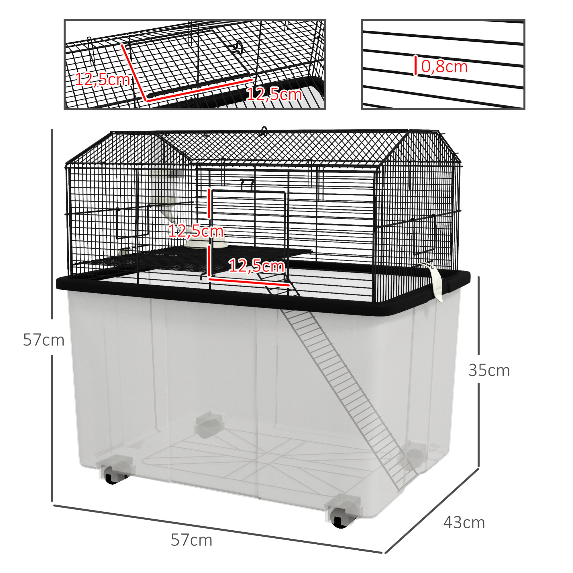 Cage rongeur hamster 2 étages - roulettes, plateforme, échelle, accessoires - PP transparent acier noir