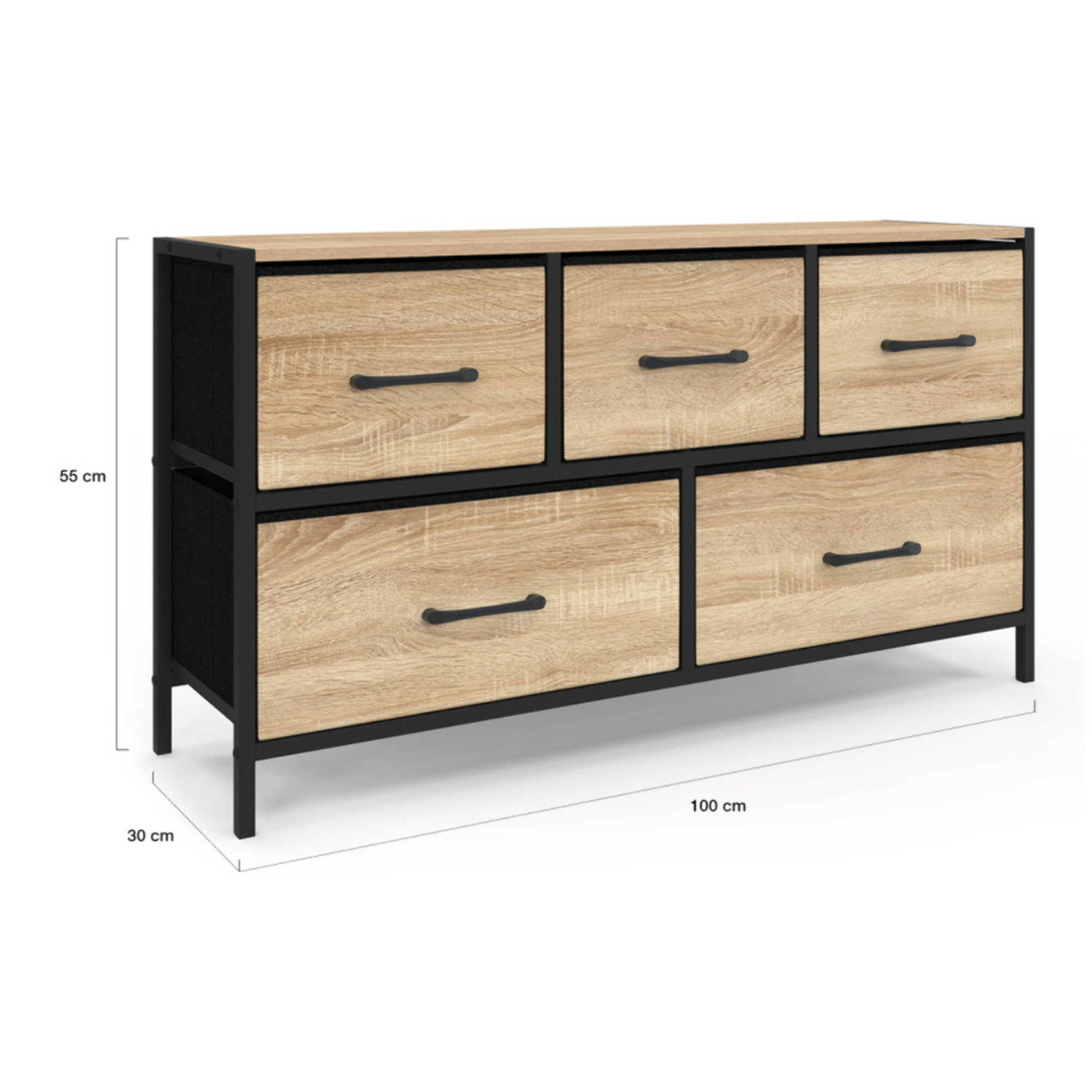Commode Iris 5 tiroirs en bois et tissu
