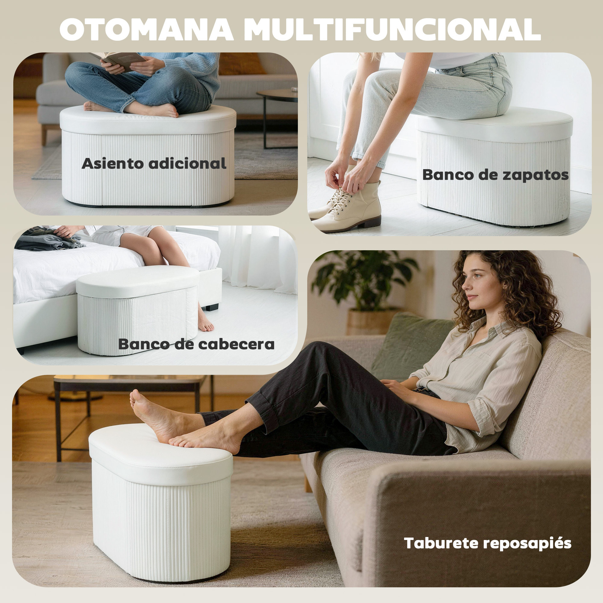Puff Almacenaje, Banco Almacenaje Plegable, 72 L, 76x38x35 cm, Tapizado en Terciopelo, Baúl de Almacenamiento, Carga 120 kg, Taburete para Sala de Estar, Dormitorio, Entrada, Crema