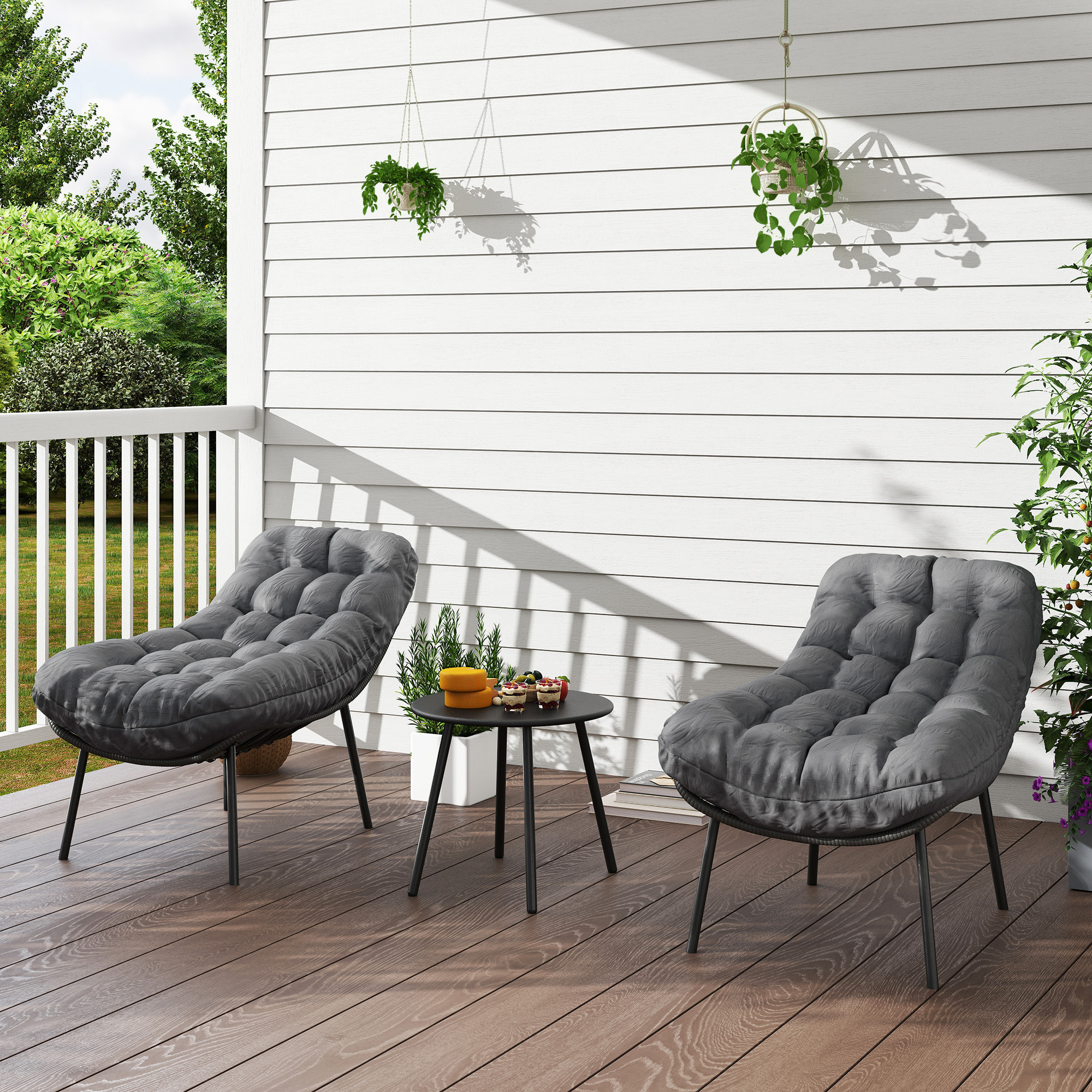 Salon de jardin 2 places 3 pièces style cosy épais coussins capitonnés 15 cm acier résine gris