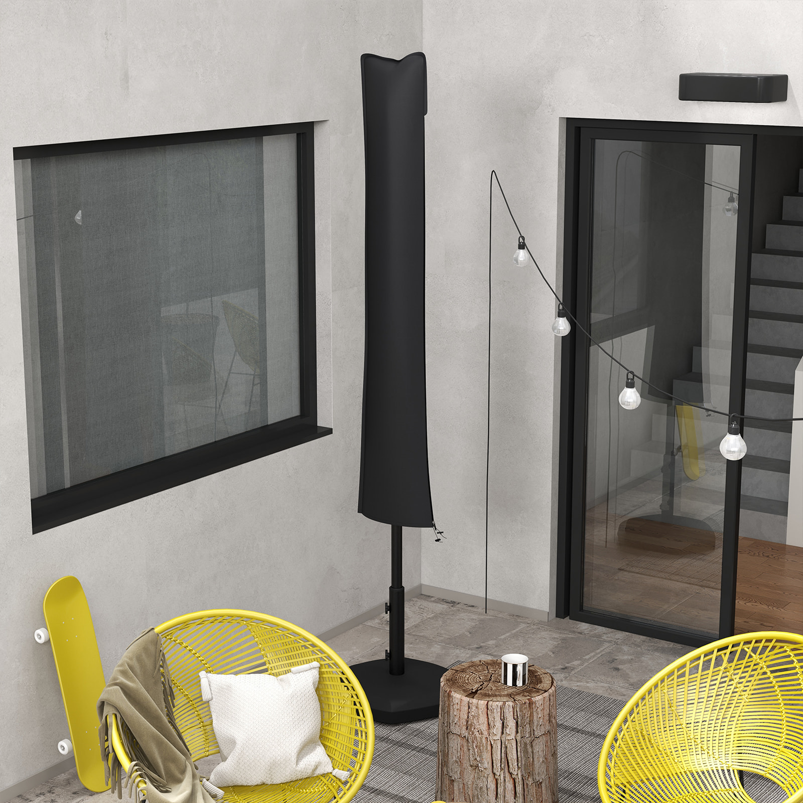 Housse de protection imperméable pour parasol droit avec fermeture éclair et cordon de serrage gris
