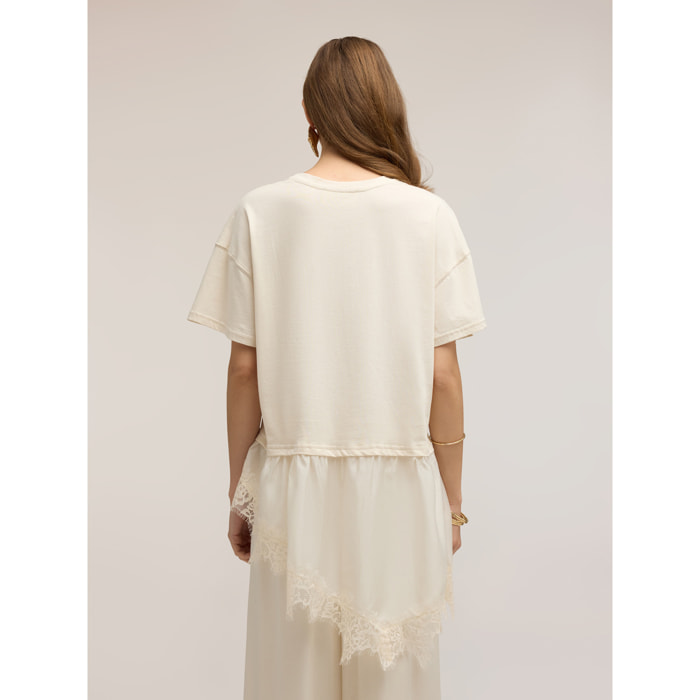 Motivi - T-shirt con inserto in pizzo - Bianco