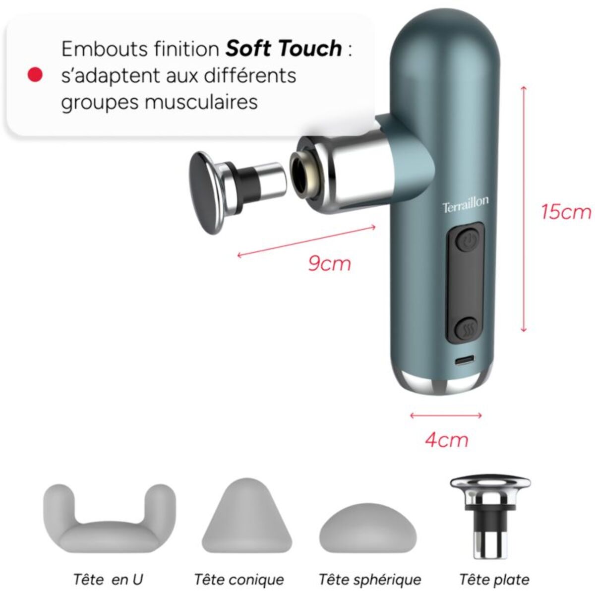 Pistolet de massage TERRAILLON Mini Massager 4 embouts