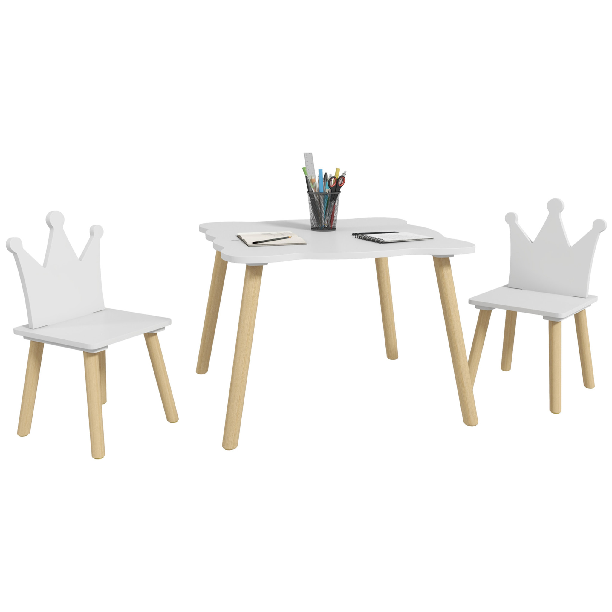 Mesa y Sillas Infantiles de 3 Piezas Mesa Infantil con 2 Sillas con Respaldo en Forma de Corona para Niños de 3-6 Años para Sala de Juegos Dormitorio Guardería Blanco