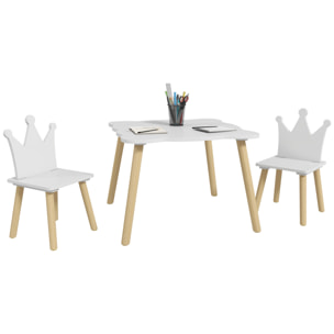 Mesa y Sillas Infantiles de 3 Piezas Mesa Infantil con 2 Sillas con Respaldo en Forma de Corona para Niños de 3-6 Años para Sala de Juegos Dormitorio Guardería Blanco
