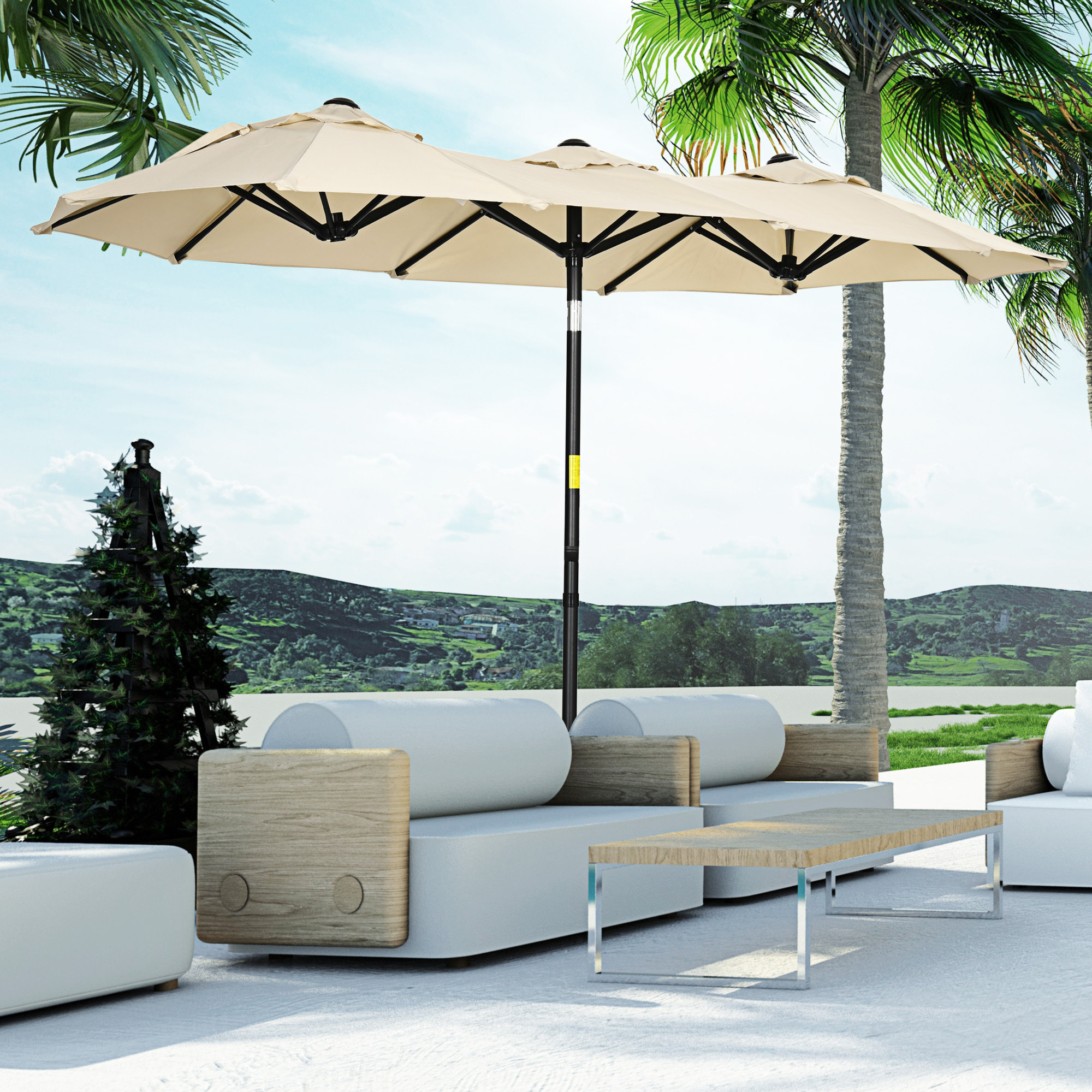 Sombrilla Doble 2,95x1,52 m Sombrilla Terraza Exterior con Inclinación de 45° Manivela Manual y 3 Orificios de Ventilación Sombrilla Grande para Terraza Playa Piscina Caqui