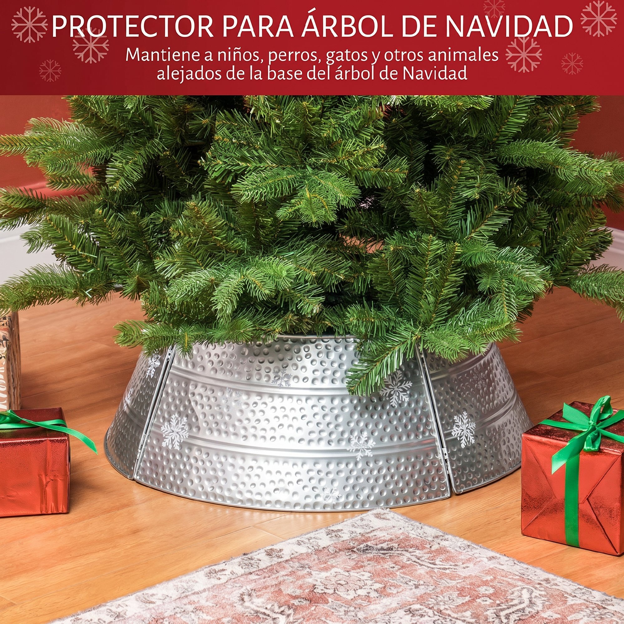 HOMCOM Collar para Árbol de Navidad, Falda para Árbol de Navidad de Metal, Impermeable, Decoración para para Fiestas, Hogar, 66x66x23 cm, Plateado