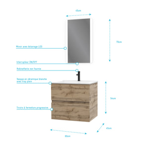 Pack Meuble SDB 60cm suspendu 2 tiroirs Chene_Vasque blanche + Miroir Led - TIMBER 60_Pack10