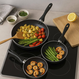 set de batería de cocina de 7pc en acero inoxidable + 3 sartenes ø16ø20ø24cm gris metalizado en aluminio prensado