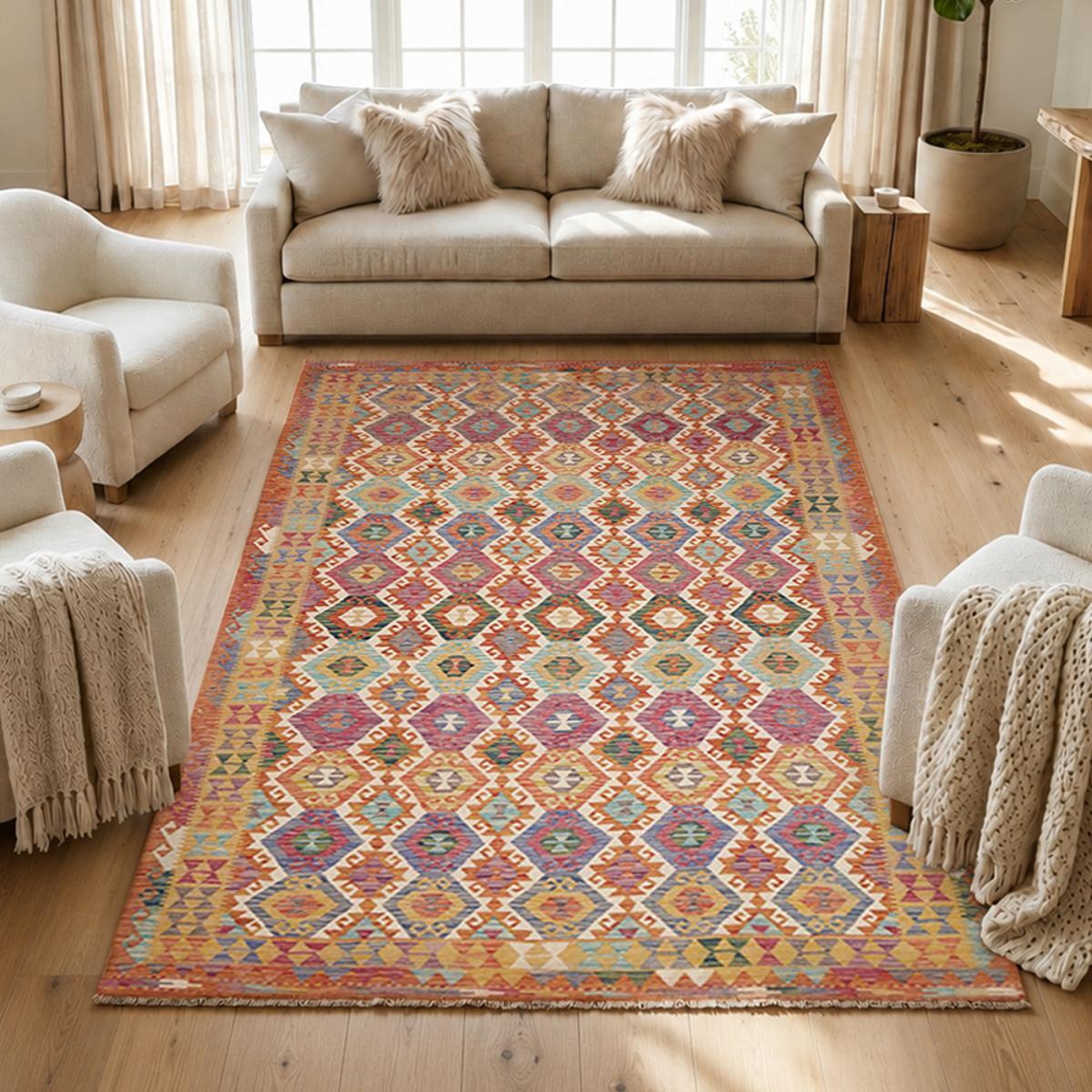 Tapis kilim ethnique en laine naturelle, tissé plat artisanal