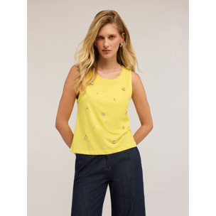 Motivi - Top de jersey con bordado de piedras - Amarillo