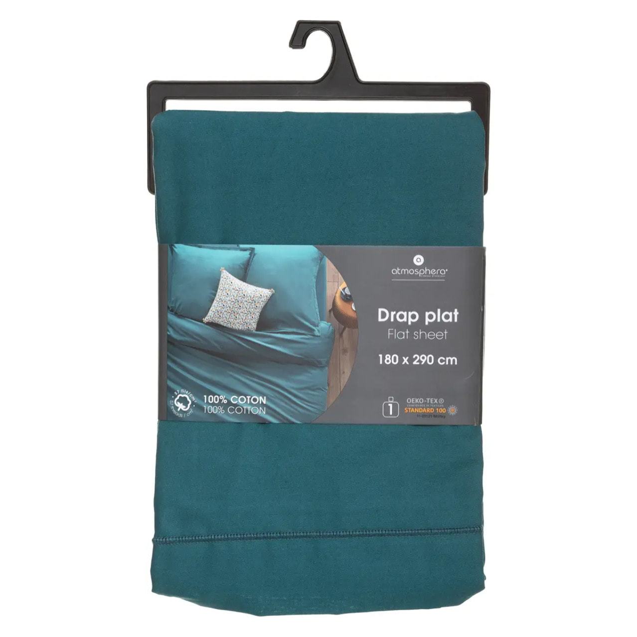 Drap plat "Carina" en coton 180x290cm bleu canard