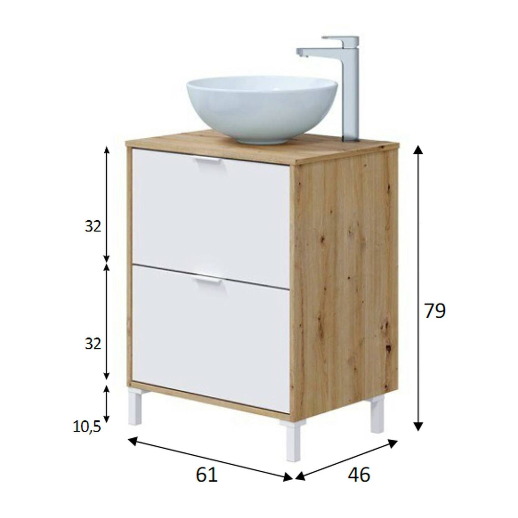 Mobile sottolavabo Lisbona, Mobiletto da bagno, Contenitore porta lavabo, Armadio per lavandino, 61x46 h79 cm, Rovere Nodi e Bianco lucido