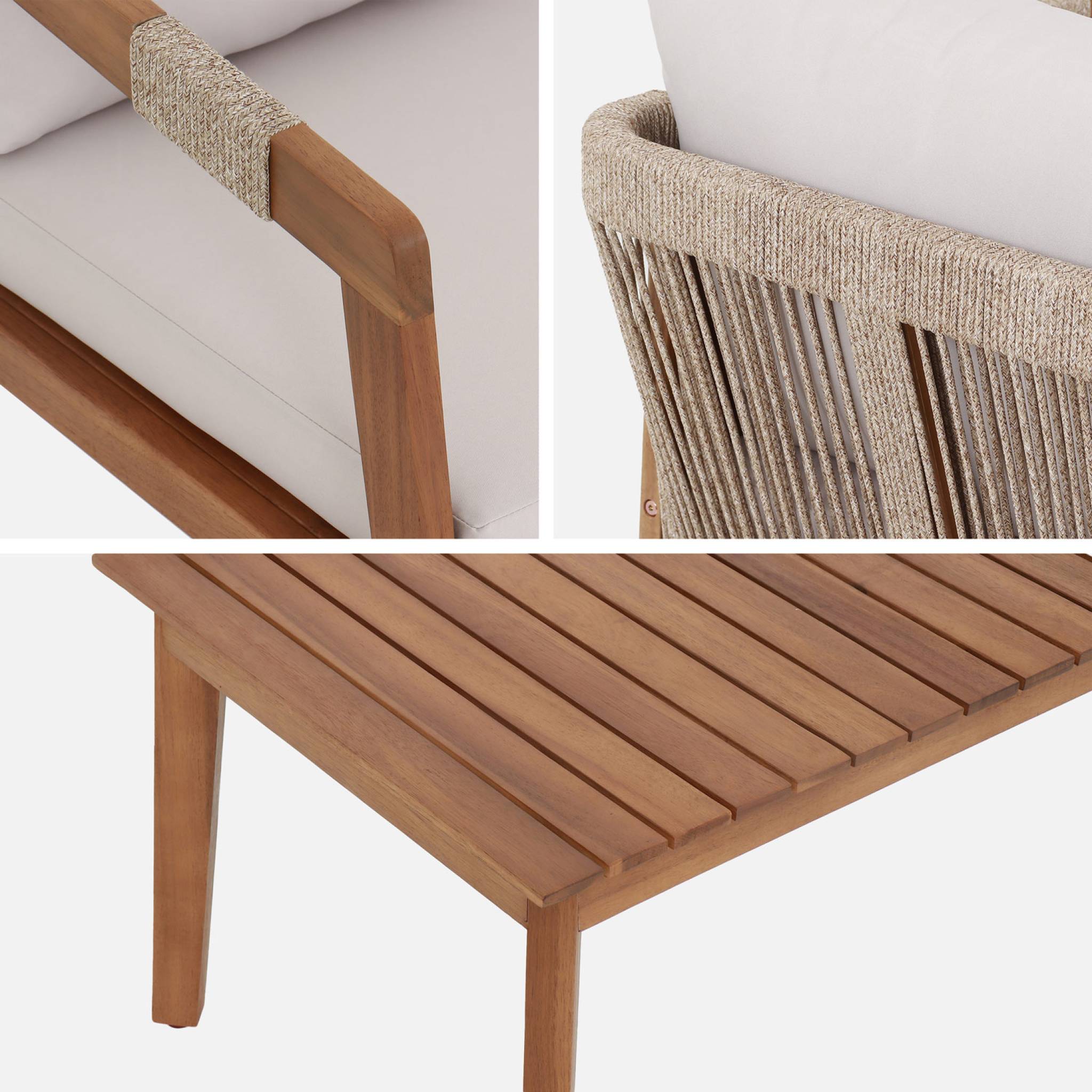 Salon de jardin en acacia 4 places beige avec cordes LOBERIA. table rectangulaire